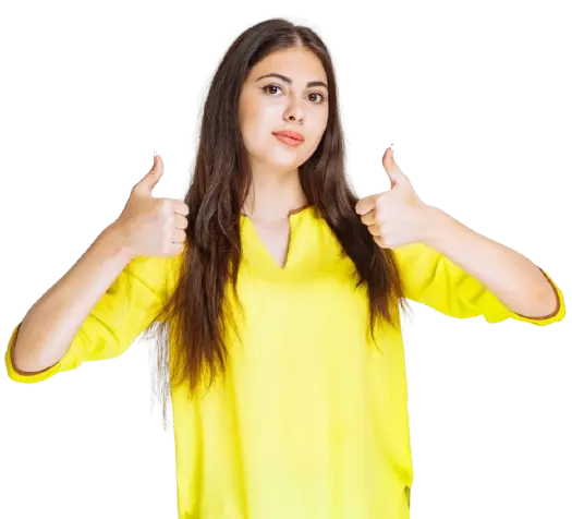 girl yellow shirt showing thumb up